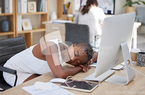 Image of Office, sleeping or tired black woman resting on table with burnout is overworked by deadlines at desk. Lazy, dreaming or exhausted worker with stress or fatigue napping on relaxing break in overtime