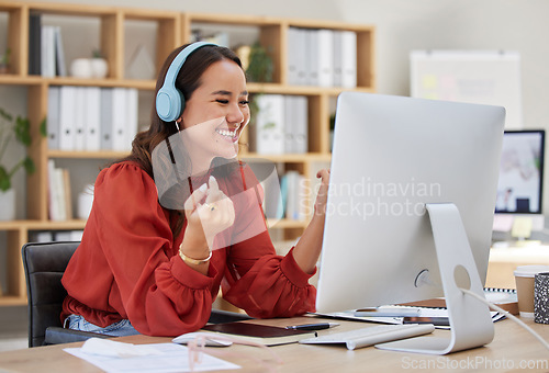 Image of Office, computer or happy woman laughing at meme on social media or relaxing break at workplace. Headphones, streaming or crazy girl journalist smiling at funny blog or comedy on internet articles