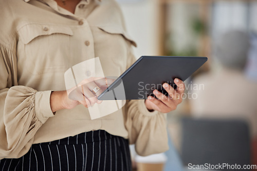 Image of Office, hands and woman with tablet on email, social media post scroll or research project at start up. Online report, schedule or business plan, businesswoman with technology and web communication.