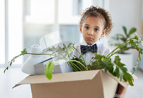 Image of Sad, portrait and a child playing as a business person with a box of belongings after fired. Unhappy, jobless and a little girl pretending to leave an office and packing after work retrenchment