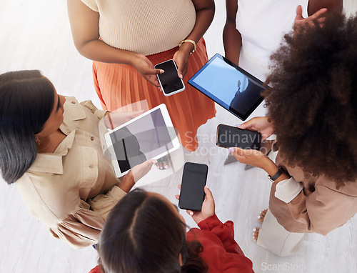 Image of Business people, phone and hands in networking, sharing information or data sync for team communication above. Group of women holding multimedia devices with screen display in teamwork collaboration