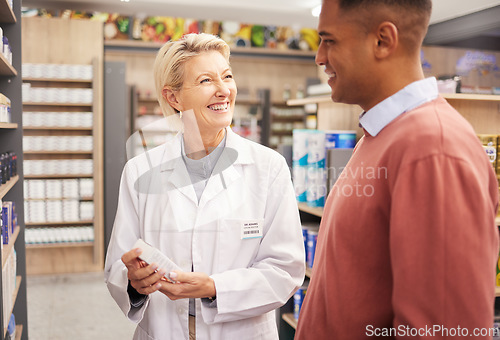 Image of Man shopping, medicine or happy pharmacist in pharmacy for retail healthcare information with a smile. Trust, woman or senior doctor helping a customer with medication advice, pills or medical drugs