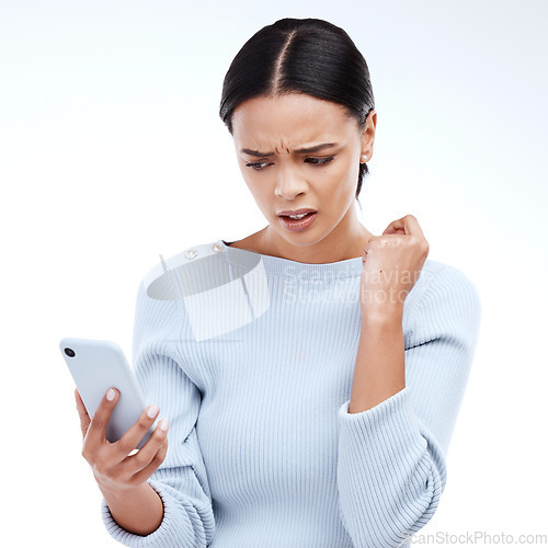 Image of Confused, phone and frustrated woman with mobile glitch or internet problem online isolated in a studio white background. Angry, annoyed and female with 404 error on a cellphone website or web