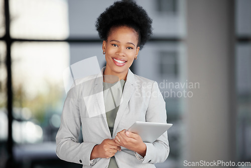 Image of Happy black woman, tablet and portrait in office for productivity, data planning and internet research. Female employee, digital technology and smile for website strategy, business app or online info