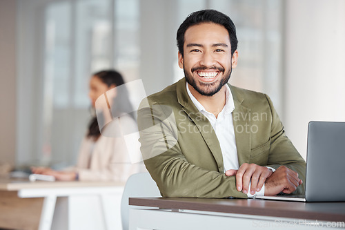 Image of Portrait of happy business man, laptop and planning at office desk, digital project and trading. Male employee, smile and computer for data update, website strategy and research innovation online