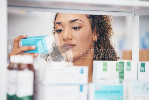 Image of Medicine, search and shelf with woman in pharmacy for medical, inventory and product stock. Healthcare, retail and drugstore with female and check for information, pills and expert with box