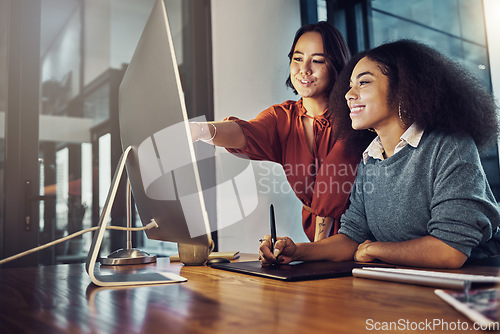 Image of Discussion, computer and female team in the office while working on a corporate project in collaboration. Teamwork, technology and professional women employees planning a business report in workplace