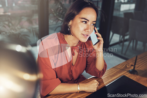 Image of Phone call, business and mockup with woman in office for networking, communication and negotiation. Contact, technology and connection with female talking for feedback, information and conversation