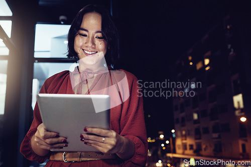 Image of Business, tablet and night with woman in city for technology, corporate and communication. Social media, connection and internet with female and search online for networking, email and website