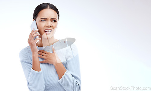 Image of Confused, phone call and shocked woman with mobile glitch or internet problem online isolated in a studio white background. Angry, annoyed and female with error on a cellphone conversation