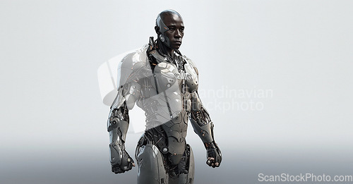 Image of Robot, black man and future cyborg machine on isolated studio background, ai generated metal and technology abstract on mockup. Robotics, scifi and innovation of futuristic tech or sci fi engineering