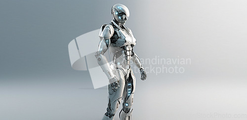 Image of Robot, ai and cyborg isolated on studio background, robotics and technology abstract with mockup space. Computer science, humanoid and innovation with futuristic tech, alien with scifi and bionic