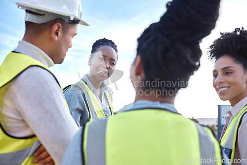 Image of Architect, team and meeting in construction for planning, collaboration or brainstorming together on site. Group of contractor people in teamwork discussion, development or strategy for architecture