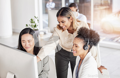 Image of Call center, women and team manager at computer in sales office for coaching at help desk. Happy business people, telemarketing collaboration and review online solution, consulting and crm management