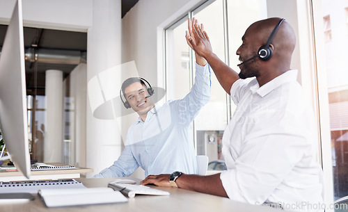 Image of Call center, happy men and high five of teamwork, success and celebrate winning telecom deal. Motivation, telemarketing and celebration of sales target, business achievement and bonus trading goals