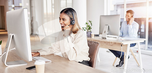 Image of Call center, business woman and talking at computer in office, coworking sales company and customer service. Happy female telemarketing agent consulting at desktop for advisory questions, crm or help