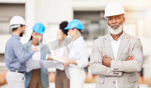 Image of Architecture, engineer and portrait of senior black man with team for building, construction site and planning. Engineering, leadership and serious male contractor for property development inspection