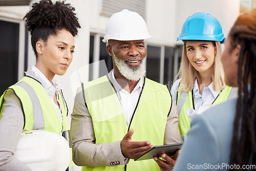 Image of Teamwork, architecture and tablet with people on construction site for planning, project and engineering. Building, technology and collaboration with contractors for designer, our vision and goals