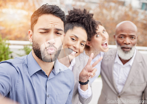 Image of Business, team and crazy selfie outside with kiss, peace sign and happiness working together with diversity. Success, smile and employees taking outdoor group picture to celebrate achievement or goal