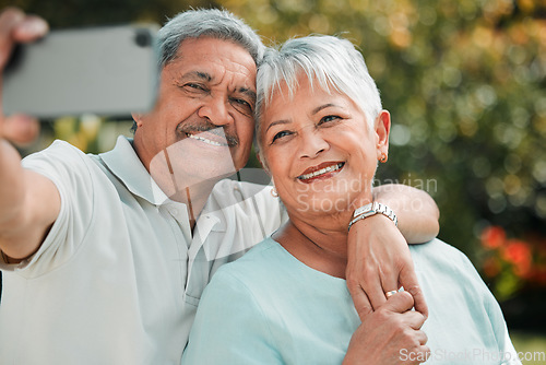 Image of Happy, love and a senior couple with a selfie for a memory, social media or profile picture. Smile, affection and an elderly man taking a photo with a woman for memories, friendship or happiness