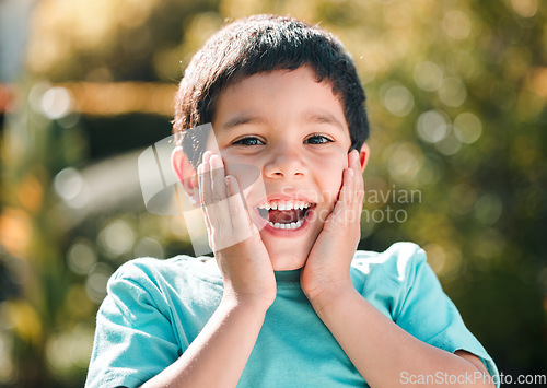 Image of Portrait, smile and boy outdoor, surprise and excited with facial expression, carefree and wow. Face, male child and kid with shock, happiness and cheerful in nature, enjoying childhood life and fun