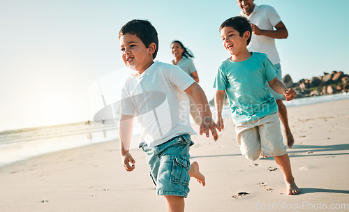 Image of Happy, family and boys on a beach, running and summer vacation for bonding, loving and quality time. Run, mother and father with male children, kids and fitness on seaside holiday, happiness and joy