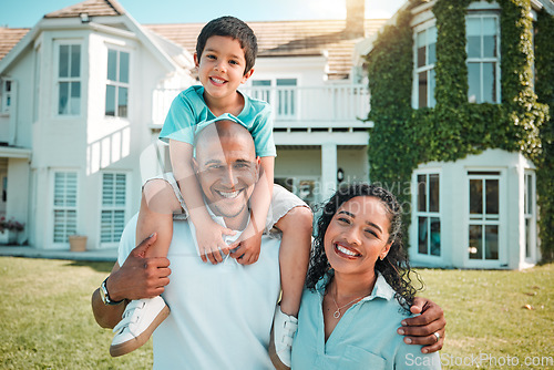 Image of Mother, father and child outdoor as family in backyard of house with a smile, love and care. Man, woman and boy kid with parents for portrait, security and quality time insurer with happiness