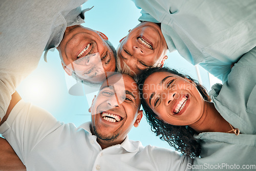 Image of Happy, smile and huddle with portrait of family from bottom for community, support and bonding. Vacation, care and happiness with group of people in circle for trust, summer and holiday together