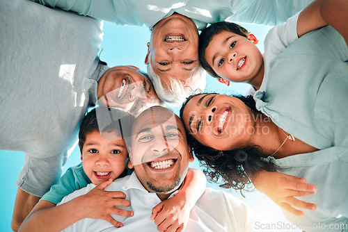 Image of Faces, love and portrait of a happy family smile feeling excited and bonding outdoors on holiday or vacation. Mother, father and grandparents with children or kids with happiness from below