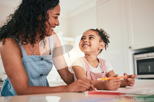 Image of Home school, education and mother and child happy in a kitchen for homework, writing and studying in their home. Remote, learning and girl with mom smile, bond and excited for educational activity