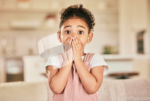 Image of Wow, surprise and shocked with portrait of child in living room for announcement, notification and alarm. News, omg and gossip with young girl cover face at home for excited, amazing and reaction