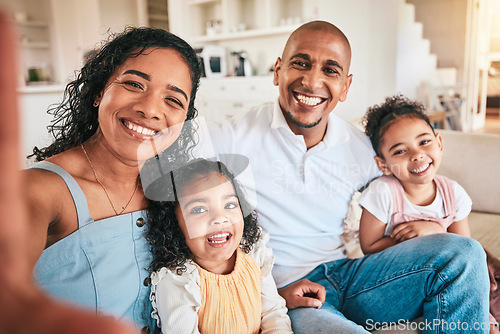 Image of Happy family, portrait and smile for selfie, photo or profile picture on a sofa in their home. Love, face and photograph pf children with parents in a living room, excited and bonding on the weekend