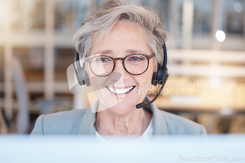Image of Telemarketing, consultant and senior woman with smile, customer service and call center in workplace. Mature female employee, entrepreneur and agent with headset, happiness and tech support in office