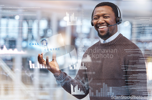 Image of Happy, digital and portrait of a black man at a call center for telemarketing analysis at work. Smile, overlay and an African customer service agent working on stats, data and results on a screen