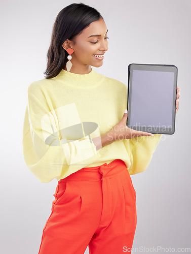 Image of Happy, tech and woman with a tablet, screen and connection on a white studio background. Female person, technology and model with a device, internet and communication with social media and networking