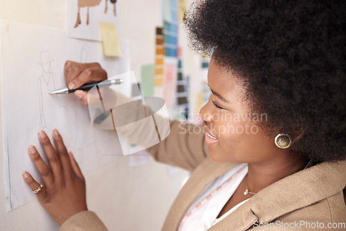 Image of Fashion, business and black woman writing, planning and ideas for designs, prepare for show and creativity. Female employee, designer and creative with pen, brainstorming, new project and startup