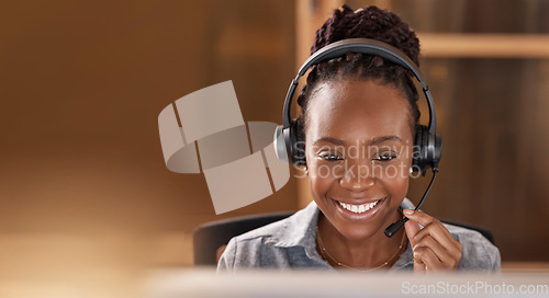 Image of Call center, black woman and smile with space and face for telemarketing, sales and support. Professional female consultant or agent with a headset for customer service, crm and help desk or advice