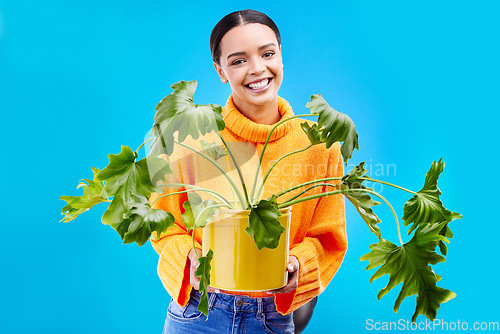 Image of Portrait of woman in studio with house plant, smile or happiness for plants on blue background. Gardening, sustainable or green hobby for happy gen z girl on mockup space or eco friendly garden shop.