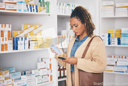 Image of Pharmacy, medication and woman customer shopping for healthcare products or drugs in a drugstore. Dispensary, medical and female doing research with a phone on medicine in retail pharmaceutical shop.
