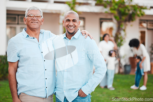 Image of Man, senior father and portrait on lawn with hug, smile and happiness at family home for reunion. Latino men, happy and together outdoor with excited face in summer on grass in garden with bonding