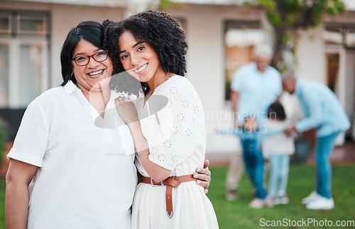 Image of Mother, daughter and family hug outside a home or house feeling happy and excited together and bonding. Love, care and people embrace for support, hugging and bonding for happiness or unity