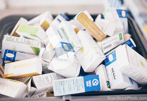 Image of Closeup of medicine, boxes and shopping in pharmacy, drugstore service and consumer market. Retail dispensary, pharmaceutical stock and basket of pills, supplements and products of medical tablets