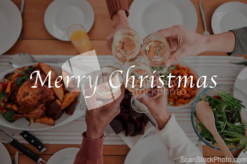 Image of Cheers, champagne and family at christmas dinner for a festive celebration with a text overlay. Food, wine and people doing a toast together to celebrate at xmas lunch, supper or party in dining room