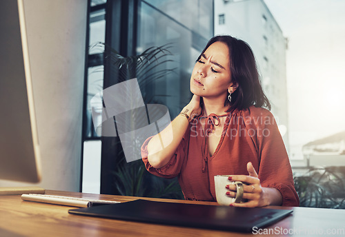 Image of Neck pain, business office and woman with injury strain risk, medical emergency or anatomy accident crisis. Burnout problem, stress and corporate person, graphic designer or agent massage hurt muscle