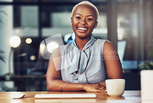 Image of Smile, corporate and portrait of businesswoman feeling happy, confident and excited in an office working for a startup company. Employee, worker and black woman entrepreneur at a administration desk