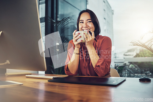 Image of Portrait, business and woman with a smile, coffee and ideas for startup, online reading and success. Face, female employee and entrepreneur with tea, relax and happiness for company and new project