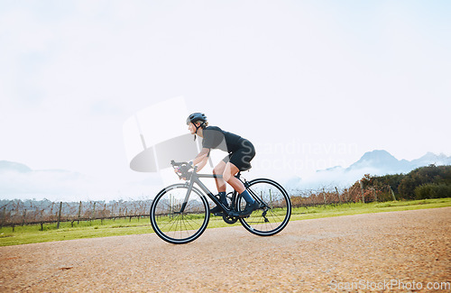 Image of Cycling, training and fitness with woman in nature and mockup for race, workout and challenge. Exercise, workout and travel with female cyclist riding on bike for journey, adventure and cardio