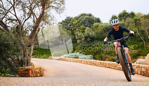 Image of Path, nature and a man with a bike for cycling, fitness training and race. Exercise, active and a professional cyclist on a bicycle for a competition, cardio and sports in a park, road or countryside