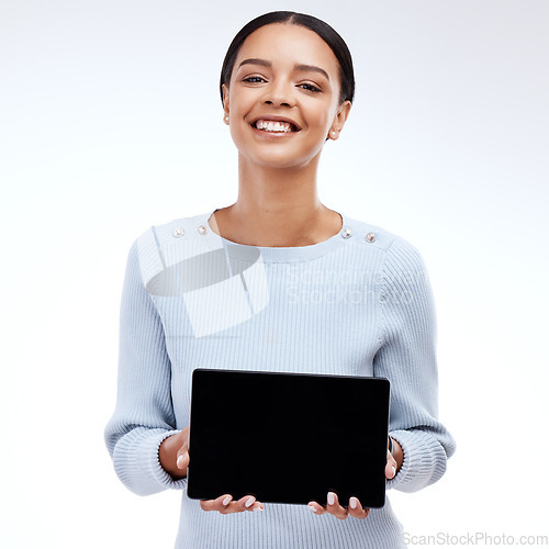 Image of Happy mock up portrait, tablet and woman with sales promo, advertising tech space or discount deal mockup. Interactive touchscreen, digital presentation or studio female isolated on white background