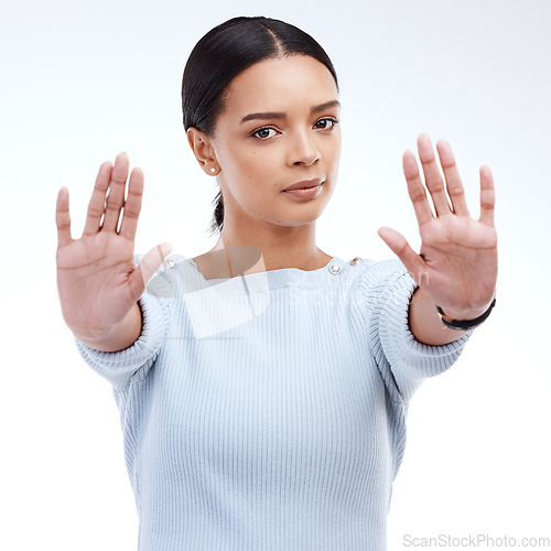 Image of Portrait, stop and woman with hands, warning and human rights isolated on a white studio background. Face, female activist and person with gesture for protest, protection and rejection with awareness